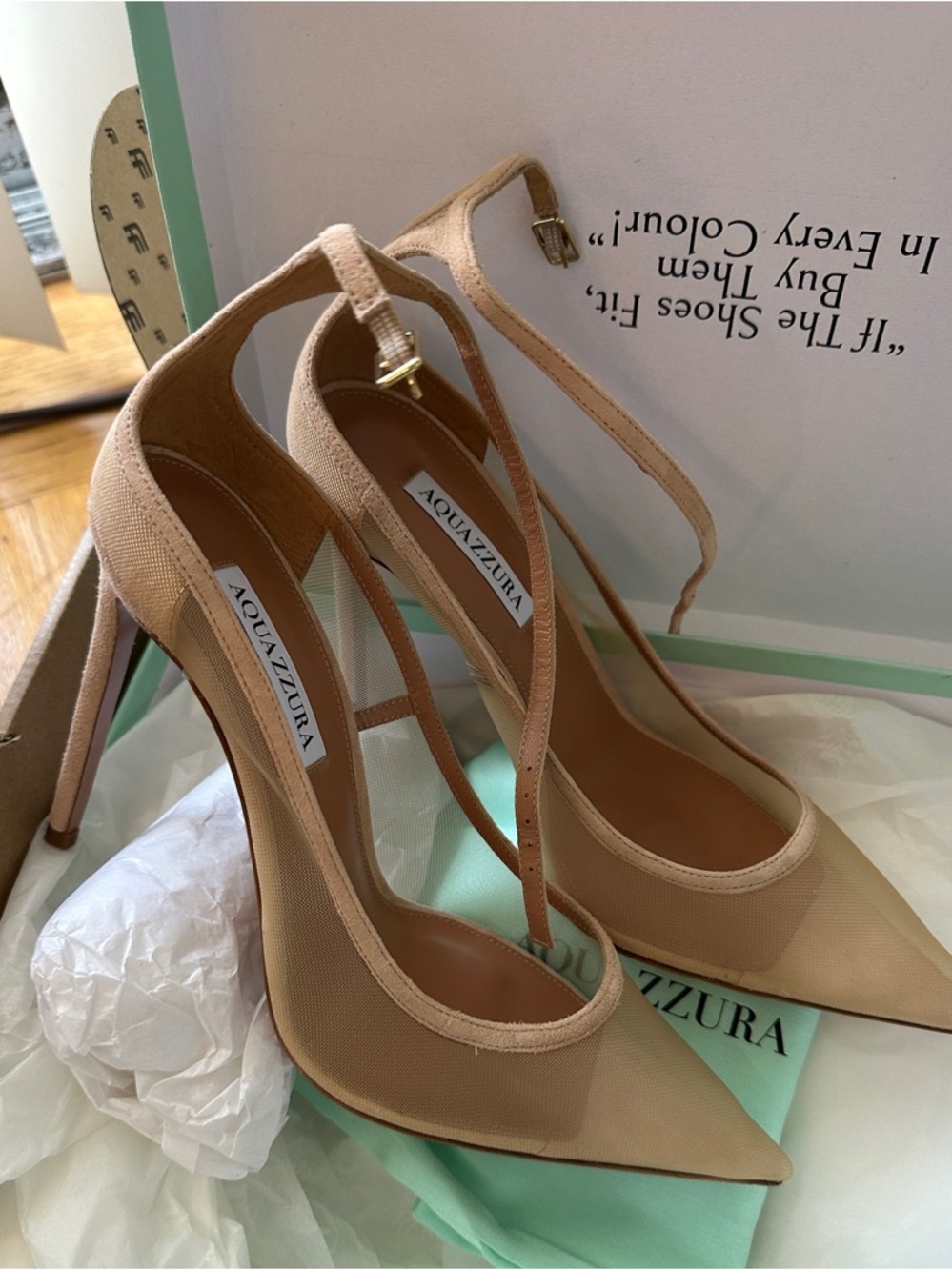 Aquazzura - “Love Affair” Nude/Tan Pointed-Toe Stiletto Heels, size 40